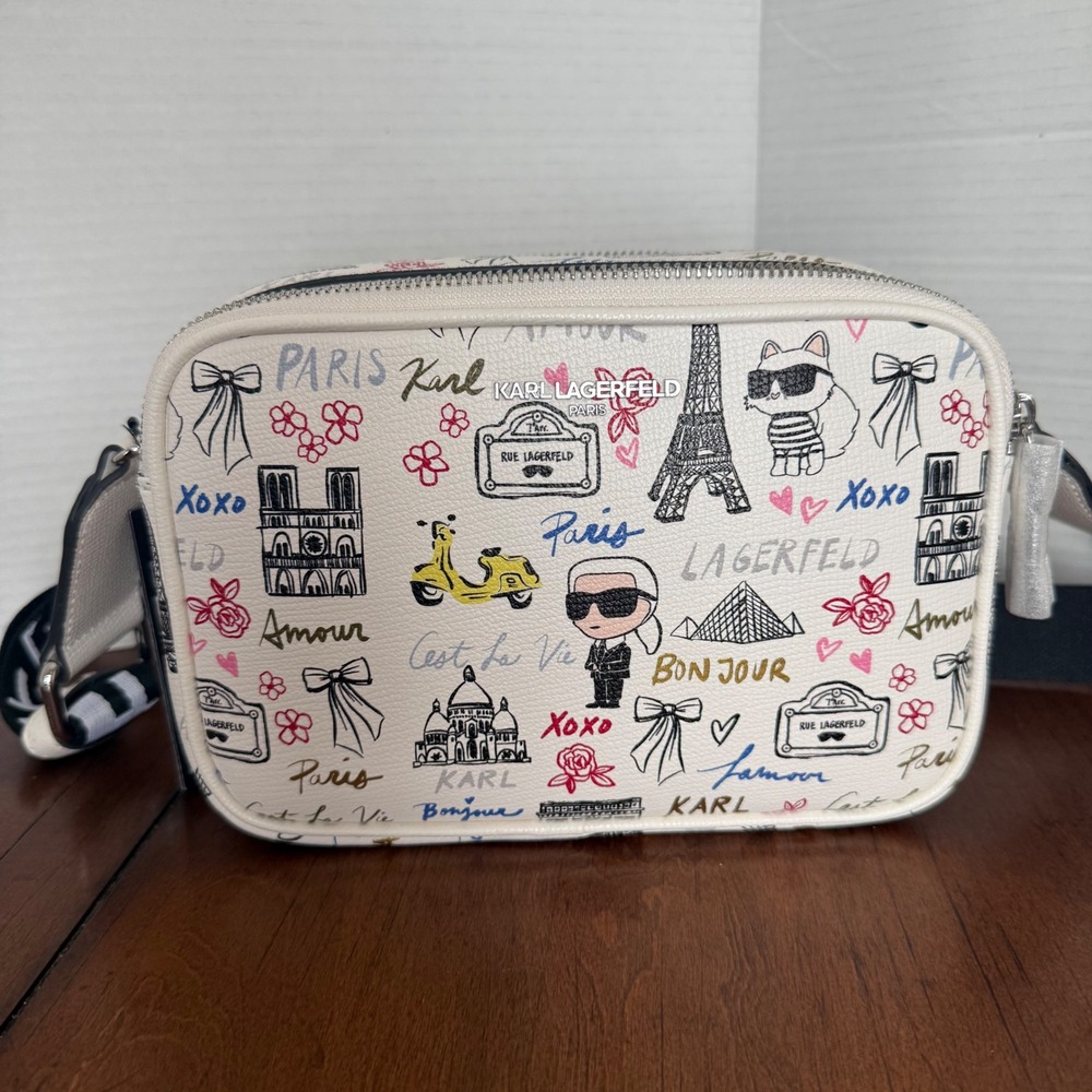 NWT Karl Lagerfeld Paris Crossbody Bag White Paris Doodle Print Camera Bag